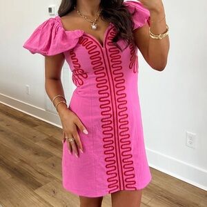 Hot pink and orange/red embroidery puff sleeve mini dress. Worn a few times.